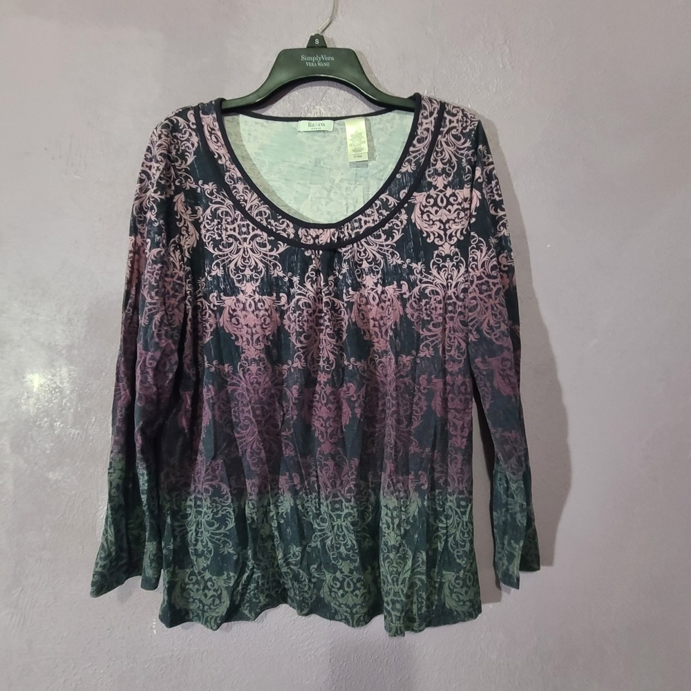 Liz & Co. Damask Ombre Top Women 1X Pink Purple Gray Long Sleeve Scoop Neck